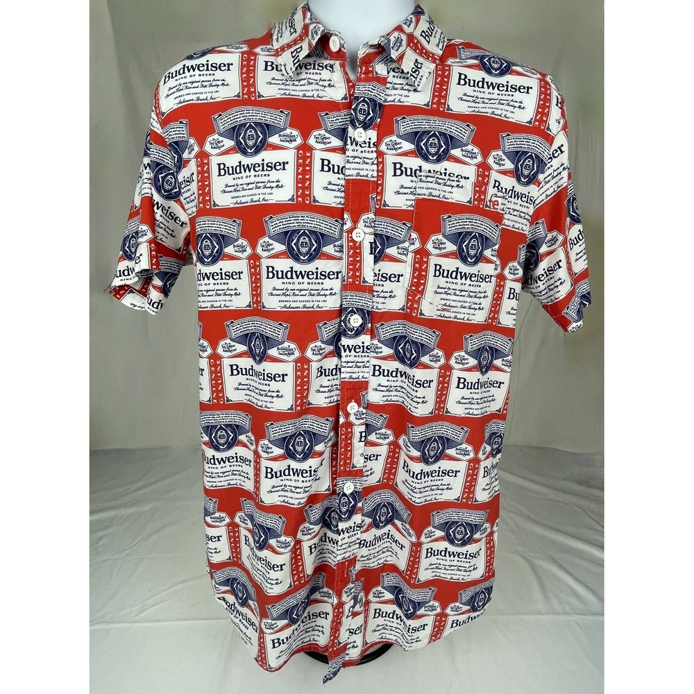 TIPSY ELVES BUDWEISER BUTTON UP SHIRT MENS LARGE RED BEER LOGO PRINT SHORT SLEEV